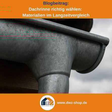 Titelgrafik eines Blogbeitrags mit dem Thema ‚Dachrinne richtig wählen‘ – gezeigt wird eine Dachrinne aus Titanzink, dazu das Logo und die Webadresse von DWZ-Shop.de.
