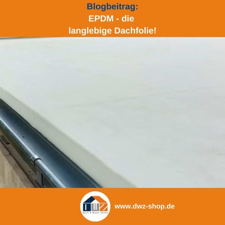 Titelgrafik eines Blogbeitrags mit dem Thema 'Langlebigkeit von EPDM-Folie ' – gezeigt wird eine weiße Folie mit einer Dachrinne an der Seite, dazu das Logo und die Webadresse von DWZ-Shop.de.