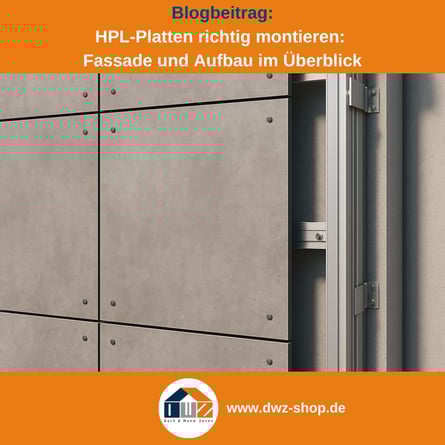 Titelgrafik eines Blogbeitrags mit dem Thema ‚HPL-Platten montieren‘ – gezeigt wird eine Fasse mit HPL-Platten in Betonoptik, dazu das Logo und die Webadresse von DWZ-Shop.de.