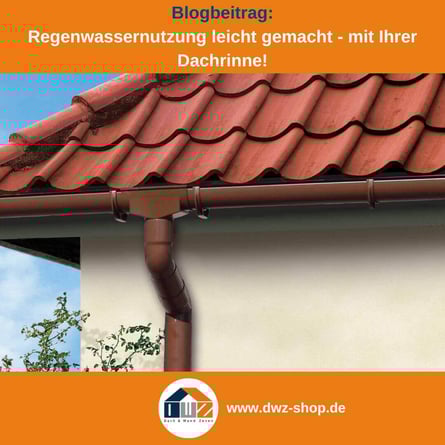 Titelgrafik eines Blogbeitrags mit dem Thema ‚Regenwassernutzung leicht gemacht‘ – gezeigt wird eine braune Dachrinne an einem roten Ziegeldach, dazu das Logo und die Webadresse von DWZ-Shop.de.