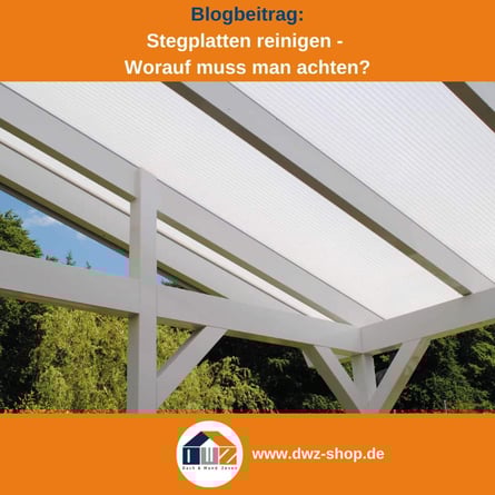 Titelgrafik eines Blogbeitrags mit dem Thema ‚Reinigung von Stegplatten' – gezeigt wird eine Dachterrasse aus opalen Stegplatten, dazu das Logo und die Webadresse von DWZ-Shop.de.