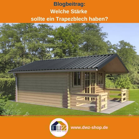 Titelgrafik eines Blogbeitrags mit dem Thema ‚Stärken von Trapezblechen‘ – gezeigt wird ein Gartenhaus aus Holz mit einer Dacheindeckung aus Trapezblech, dazu das Logo und die Webadresse von DWZ-Shop.de.