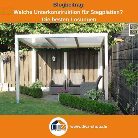 Titelgrafik eines Blogbeitrags mit dem Thema ‚Welche Unterkonstruktion für Stegplatten?‘ – gezeigt wird eine moderne Terrassenüberdachung mit Sitzgruppe im Garten, dazu das Logo und die Webadresse von DWZ-Shop.de.