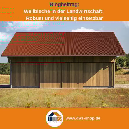 Titelgrafik eines Blogbeitrags mit dem Thema ‚Wellbleche in der Landwirtschaft‘ – gezeigt wird eine Scheune mit rotbraunem Wellblech, dazu das Logo und die Webadresse von DWZ-Shop.de.