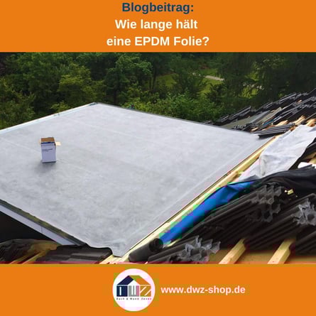 Titelgrafik eines Blogbeitrags mit dem Thema ‚Haltbarkeit von EPDM-Folie‘ – gezeigt wird eine Gaube mit schwarzer EPDM-Folie, dazu das Logo und die Webadresse von DWZ-Shop.de.