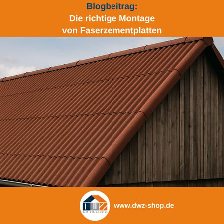 Titelgrafik eines Blogbeitrags mit dem Thema ‚Montage von Faserzementplatten‘ – gezeigt wird eine Scheune aus Holz mit rotbraunen Faserzementwellplatten, dazu das Logo und die Webadresse von DWZ-Shop.de.