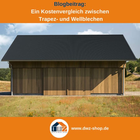 Titelgrafik eines Blogbeitrags mit dem Thema ‚Trapez- und Wellblech‘ – gezeigt wird eine Scheune mit anthrazitgrauem Wellblech, dazu das Logo und die Webadresse von DWZ-Shop.de.