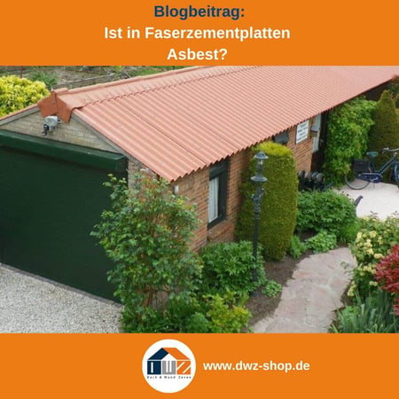 Titelgrafik eines Blogbeitrags mit dem Thema ‚Asbest in Faserzementplatten‘ – gezeigt wird ein Häuschen mit roten Faserzementplatten, dazu das Logo und die Webadresse von DWZ-Shop.de.
