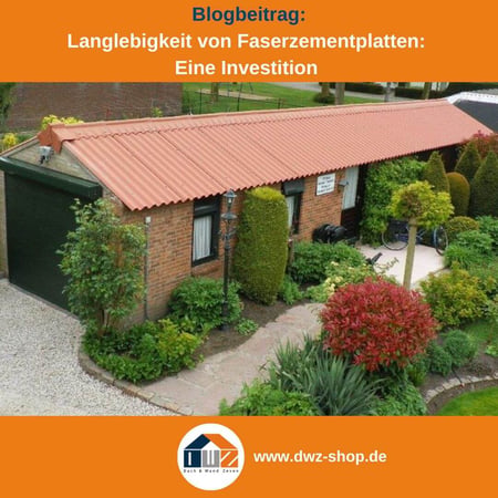 Titelgrafik eines Blogbeitrags mit dem Thema ‚Langlebigkeit von Faserzement‘ – gezeigt wird ein Häuschen mit Faserzementplatten, dazu das Logo und die Webadresse von DWZ-Shop.de.