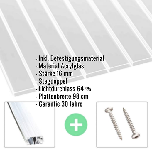 Acrylglas Stegdoppelplatte | 16 mm | Profil A1 | Sparpaket | Plattenbreite 98 cm | Klar | Breitkammer | Breite 5,10 m | Länge 7,00 m #2
