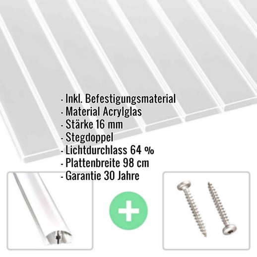Acrylglas Stegdoppelplatte | 16 mm | Profil A4 | Sparpaket | Plattenbreite 98 cm | Klar | Breitkammer | Breite 3,09 m | Länge 2,00 m #2