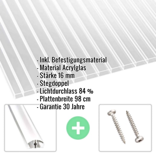 Acrylglas Stegdoppelplatte | 16 mm | Profil A4 | Sparpaket | Plattenbreite 98 cm | Klar | Breite 3,09 m | Länge 2,00 m #2