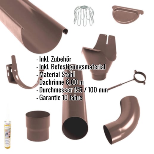 Stahl Dachrinnen Sparpaket 8,00 m | Ø 125/100 mm | Farbe Braun #2