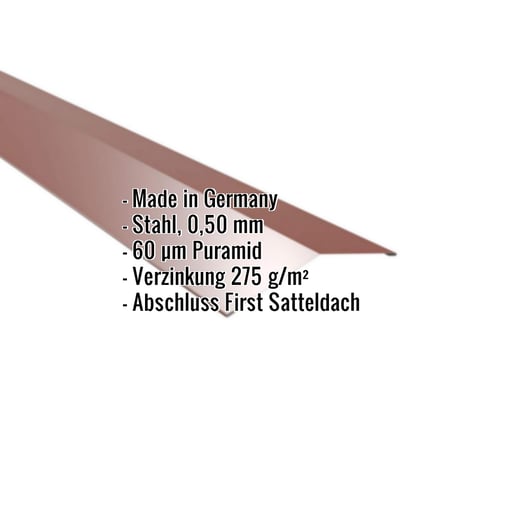 Firstblech flach | 14,5 x 14,5 cm | 150° | Stahl 0,50 mm | 60 µm Puramid | 8012 - Rotbraun #2