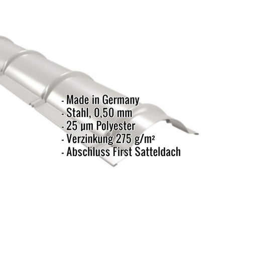Firstblech halbrund | 1,86 m | Stahl 0,50 mm | 25 µm Polyester | 9006 - Weißaluminium #2