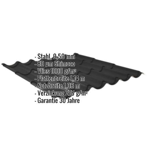 Pfannenblech 2/1060 | Anti-Tropf 1000 g/m² | Stahl 0,50 mm | 80 µm Shimoco | 9005 - Tiefschwarz #2