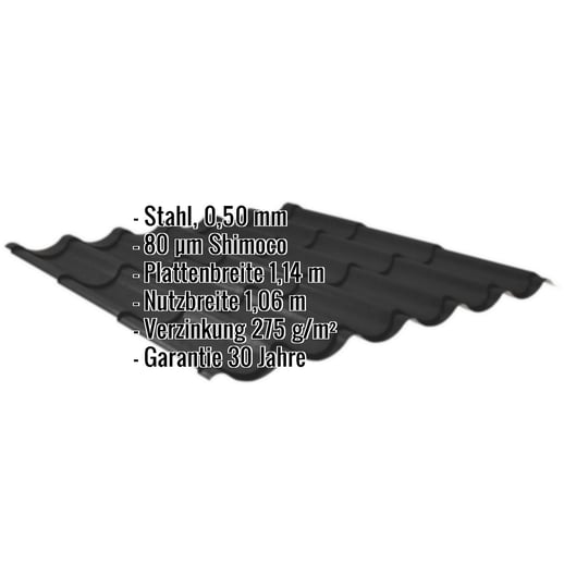 Pfannenblech 2/1060 | Stahl 0,50 mm | 80 µm Shimoco | 9005 - Tiefschwarz #2