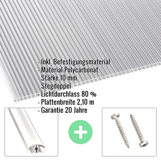 Polycarbonat Doppelstegplatte | 10 mm | Profil A4 | Sparpaket | Plattenbreite 2,10 m | Klar | Beids. UV-Schutz | Breite 6,45 m | Länge 2,00 m #2