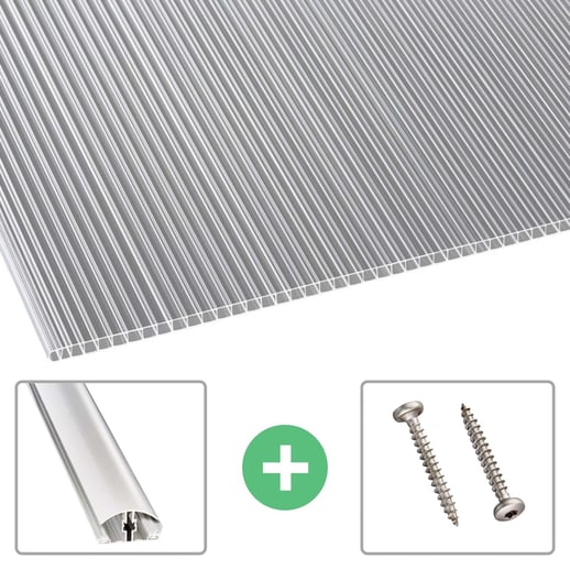 Polycarbonat Doppelstegplatte | 10 mm | Profil A4 | Sparpaket | Plattenbreite 2,10 m | Klar | Beids. UV-Schutz | Breite 6,45 m | Länge 2,00 m #1