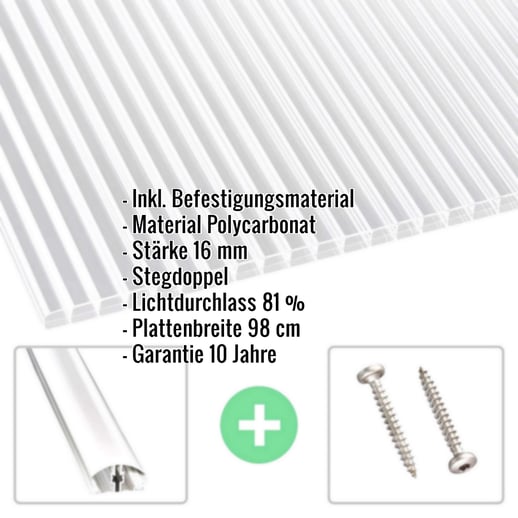 Polycarbonat Doppelstegplatte | 16 mm | Profil A4 | Sparpaket | Plattenbreite 98 cm | Klar | Breitkammer | Breite 3,09 m | Länge 4,00 m #2
