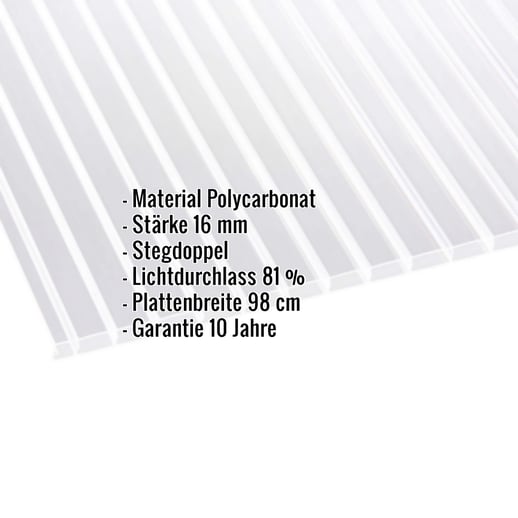 Polycarbonat Doppelstegplatte | 16 mm | Breite 98 cm | Klar | Beidseitiger UV-Schutz | Breitkammer | 2,00 m #2