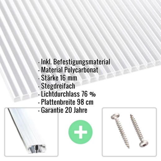 Polycarbonat Stegplatte | 16 mm | Profil A1 | Sparpaket | Plattenbreite 98 cm | Klar | Beidseit. UV-Schutz | Breite 5,10 m | Länge 2,5 #2