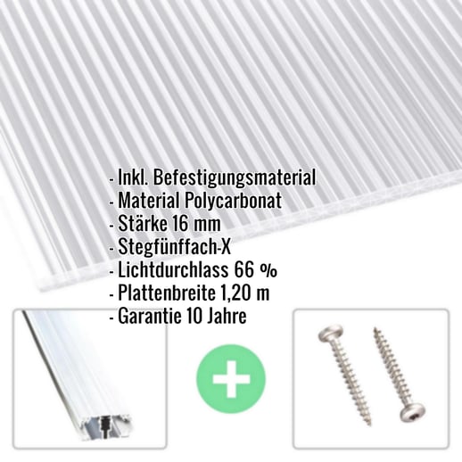 Polycarbonat Stegplatte | 16 mm | Profil A1 | Sparpaket | Plattenbreite 1,20 m | Klar | X-Struktur | Breite 3,74 m | Länge 2,00 m #2