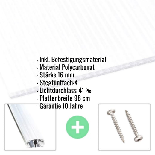 Polycarbonat Stegplatte | 16 mm | Profil A1 | Sparpaket | Plattenbreite 98 cm | Opal-Weiß | X-Struktur | Breite 9,13 m | Länge 6,00 m #2