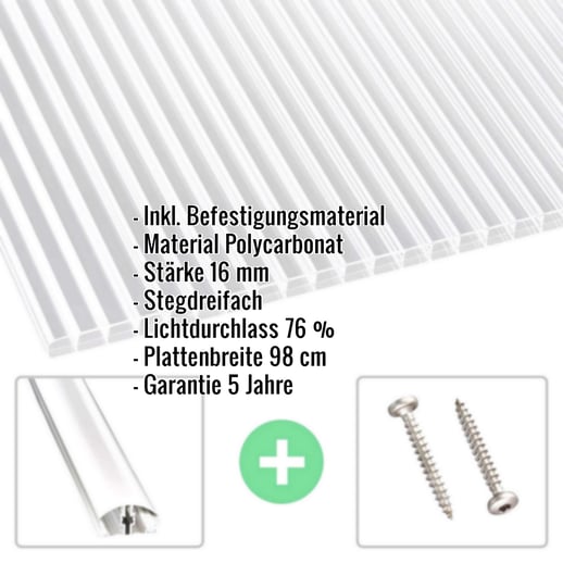 Polycarbonat Stegplatte | 16 mm | Profil A4 | Sparpaket | Plattenbreite 98 cm | Klar | Blueline | Breite 3,09 m | Länge 3,50 m #2