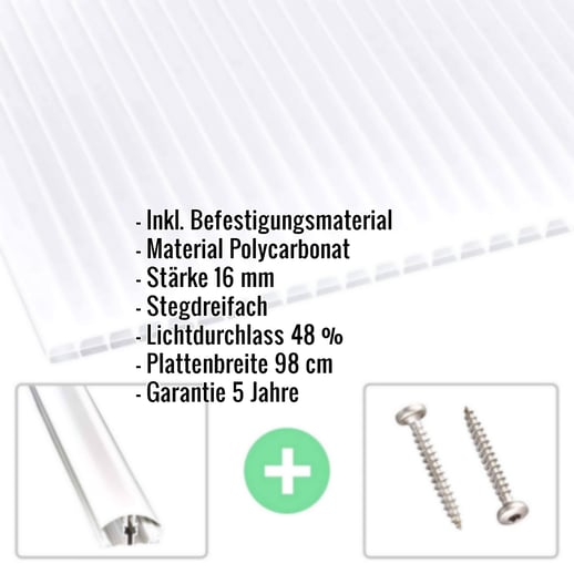 Polycarbonat Stegplatte | 16 mm | Profil A4 | Sparpaket | Plattenbreite 98 cm | Opal Weiß | Blueline | Breite 3,09 m | Länge 2,50 m #2