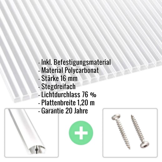 Polycarbonat Stegplatte | 16 mm | Profil A4 | Sparpaket | Plattenbreite 1,20 m | Klar | Beidseit. UV-Schutz | Breite 3,08 m | Länge 2,00 #2