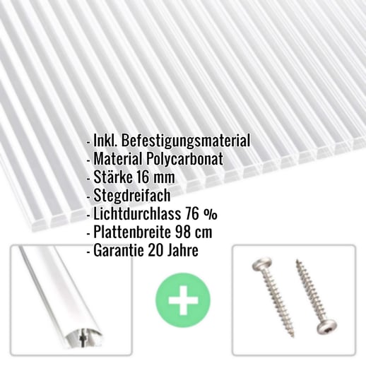 Polycarbonat Stegplatte | 16 mm | Profil A4 | Sparpaket | Plattenbreite 98 cm | Klar | Beidseit. UV-Schutz | Breite 3,09 m | Länge 3,00 m #2