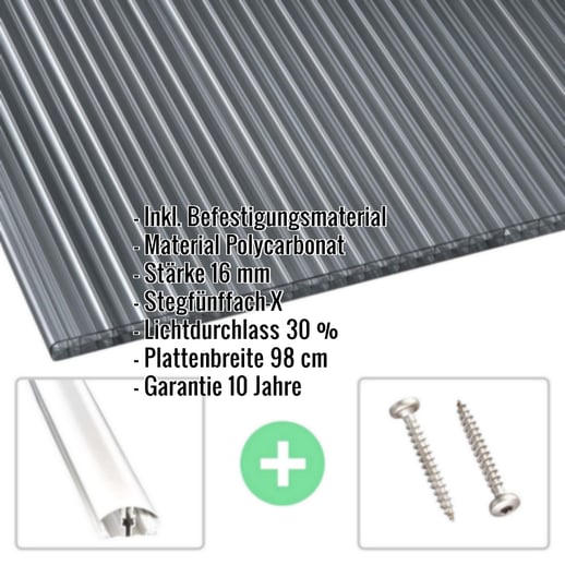 Polycarbonat Stegplatte | 16 mm | Profil A4 | Sparpaket | Plattenbreite 98 cm | Graphit | X-Struktur | Breite 3,08 m | Länge 5,00 #2
