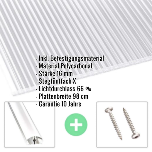 Polycarbonat Stegplatte | 16 mm | Profil A4 | Sparpaket | Plattenbreite 98 cm | Klar | X-Struktur | Breite 3,08 m | Länge 4,00 m #2