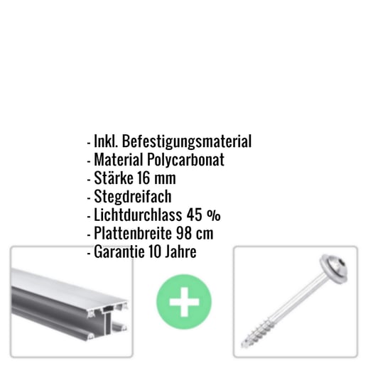 Polycarbonat Stegplatte | 16 mm | Profil ECO | Sparpaket | Plattenbreite 98 cm | Opal Weiß | Breite 3,05 m | Länge 5,00 m #2