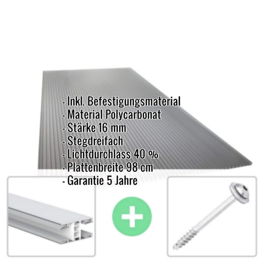 Polycarbonat Stegplatte | 16 mm | Profil Mendiger | Sparpaket | Plattenbreite 98 cm | Anthrazitgrau | Novalite | Breite 3,09 m | Länge 2,00 m #2