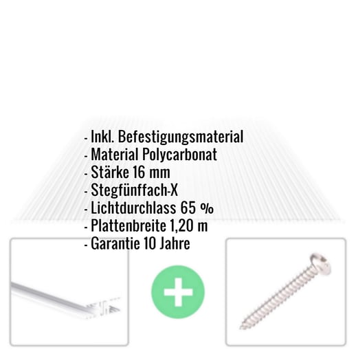 Polycarbonat Stegplatte | 16 mm | Profil Zevener Sprosse | Sparpaket | Plattenbreite 1,20 m | Klar | X-Struktur | Breite 6,27 m | Länge 4,50 m #2