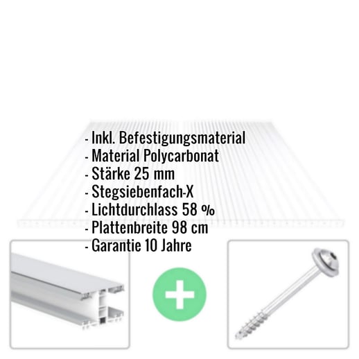 Polycarbonat Stegplatte | 25 mm | Profil Mendiger | Sparpaket | Plattenbreite 98 cm | Klar | X-Struktur | Breite 8,15 m | Länge 7,00 m #2