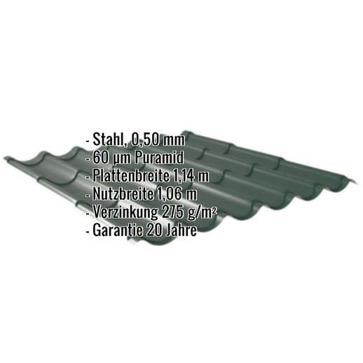 Pfannenblech 2/1060 | Stahl 0,50 mm | 60 µm Puramid | 6005 - Moosgrün #2