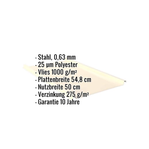 Stehfalzblech 33/500-LE | Dach | Anti-Tropf 1000 g/m² | Stahl 0,63 mm | 25 µm Polyester | 1015 - Hellelfenbein #2