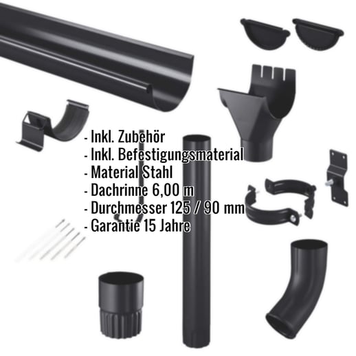 Stahl Dachrinnen Sparpaket 6 m | Ø 125/90 mm | 9005 - Tiefschwarz #2