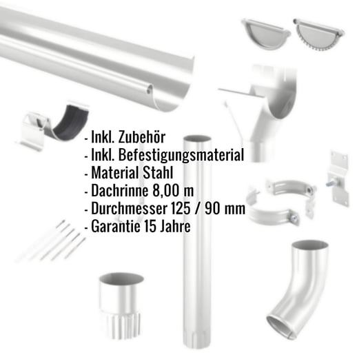 Stahl Dachrinnen Sparpaket 8 m | Ø 125/90 mm | 9006 - Weißaluminium #2