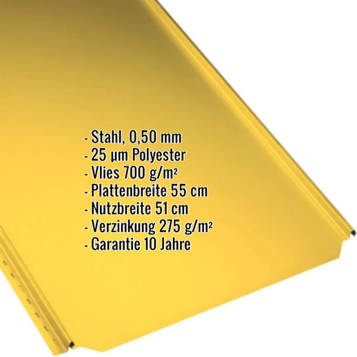 Stehfalzblech PD-510-S | Flach | Anti-Tropf 700 g/m² | Stahl 0,50 mm | 25 µm Polyester | 1021 - Rapsgelb #2