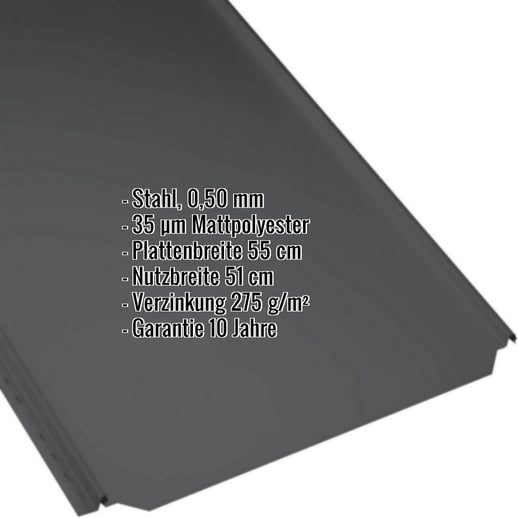 Stehfalzblech PD-510-S | Flach | Stahl 0,50 mm | 35 µm Mattpolyester | 9005 - Tiefschwarz #2