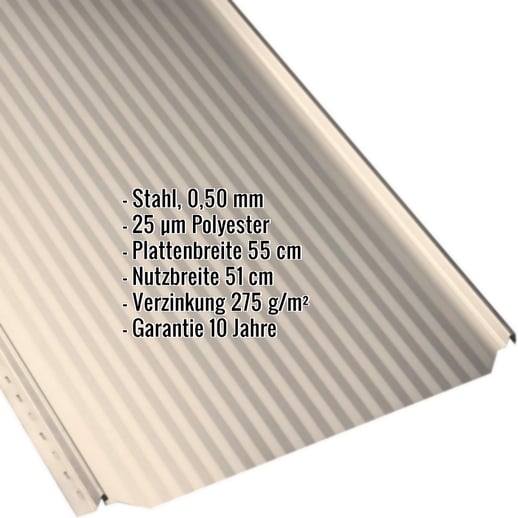 Stehfalzblech PD-510-S | Mikro | Stahl 0,50 mm | 25 µm Polyester | 1015 - Hellelfenbein #2