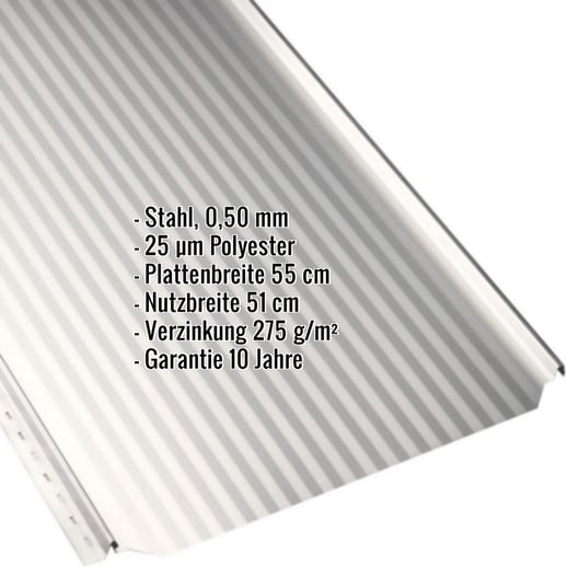 Stehfalzblech PD-510-S | Mikro | Stahl 0,50 mm | 25 µm Polyester | 9010 - Reinweiß #2