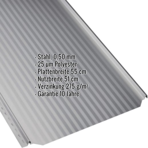 Stehfalzblech PD-510-S | Mikro | Stahl 0,50 mm | 25 µm Polyester | 9006 - Weissaluminium #2