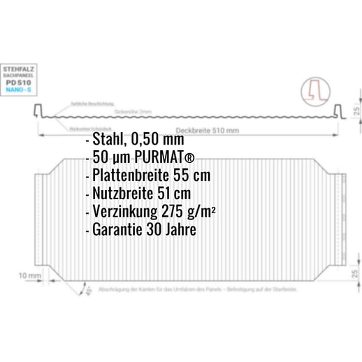 Stehfalzblech PD-510-S | Nano | Stahl 0,50 mm | 50 µm PURMAT® | 028 - Kirschrot #2