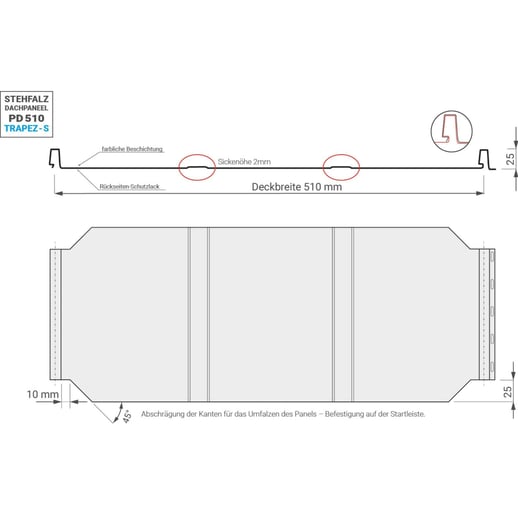 Stehfalzblech PD-510-S | Trapez | Anti-Tropf 700 g/m² | Stahl 0,50 mm | 50 µm PURMAT® | 011 - Grün #13