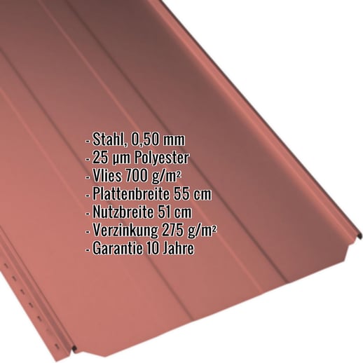 Stehfalzblech PD-510-S | Trapez | Anti-Tropf 700 g/m² | Stahl 0,50 mm | 25 µm Polyester | 3016 - Korallenrot #2